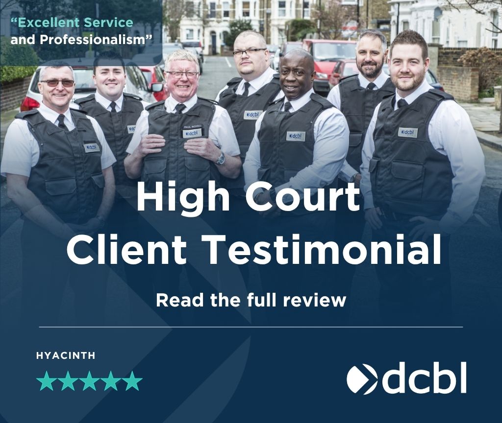 DCBL High Court enforcement agents standing together on a residential street with text reading 